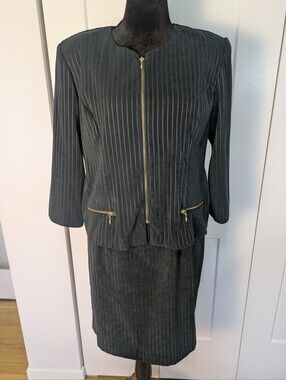 Vintage DJ &Co Dawn Joy Green Gold Pinstripe 2Pc Set Skirt Jacket Blazer Sz 18
